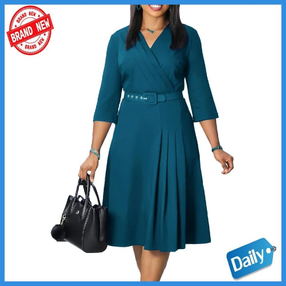 Midi Bodycon Pencil Dress 3/4 Sleeve V-Neck Work Office Business Casual